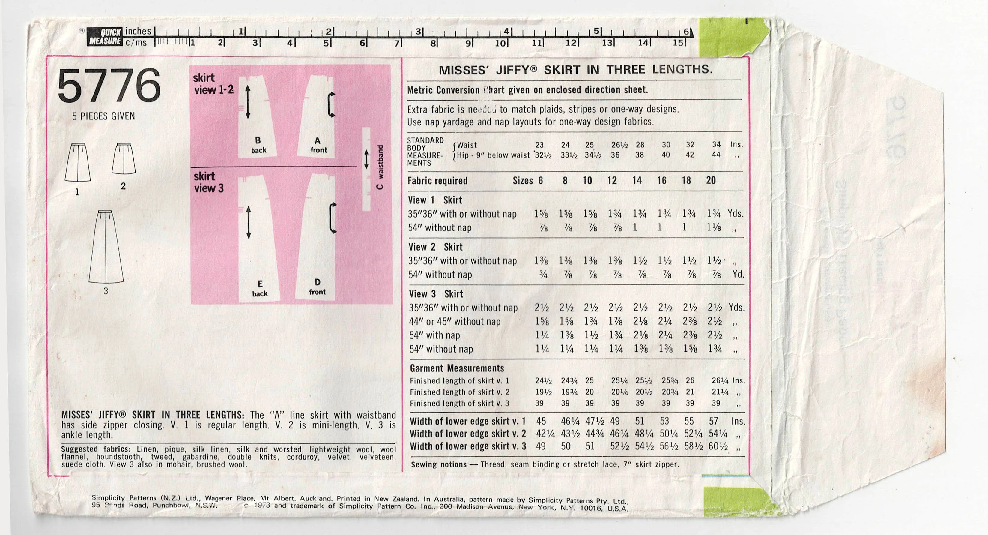 Simplicity 5776 Womens JIFFY Skirts & Maxi 1970s Vintage Sewing Pattern Size 12 Waist 26.5 Inches