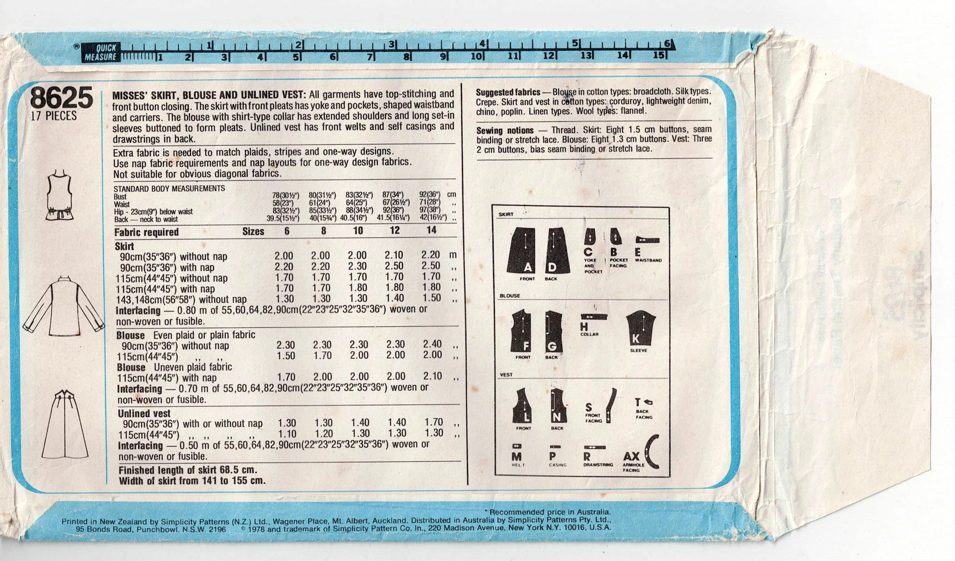 Simplicity 8625 Womens Skirt Blouse & Vest 1970s Vintage Sewing Pattern Size 14 Bust 36 inches UNCUT Factory Folded