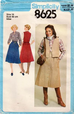 Simplicity 8625 Womens Skirt Blouse & Vest 1970s Vintage Sewing Pattern Size 14 Bust 36 inches UNCUT Factory Folded