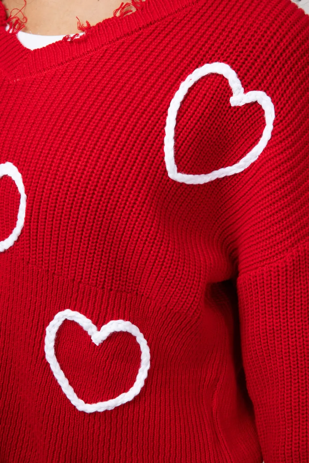 Simply Southern Heart Distressed V-Neck Sweater for Women in Red | PP-0224-SWTR-KNT-VNCK-VAL