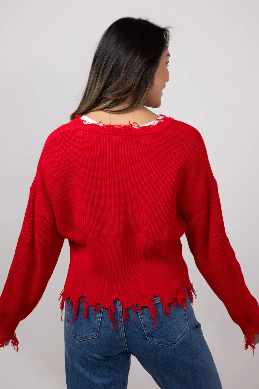 Simply Southern Heart Distressed V-Neck Sweater for Women in Red | PP-0224-SWTR-KNT-VNCK-VAL