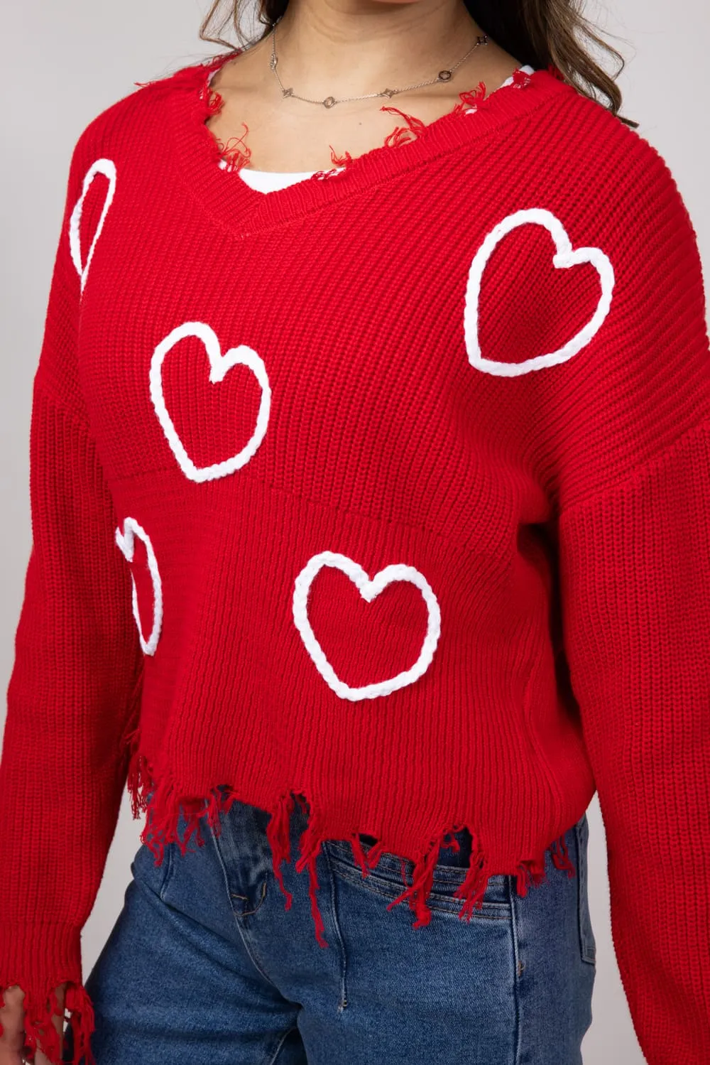 Simply Southern Heart Distressed V-Neck Sweater for Women in Red | PP-0224-SWTR-KNT-VNCK-VAL