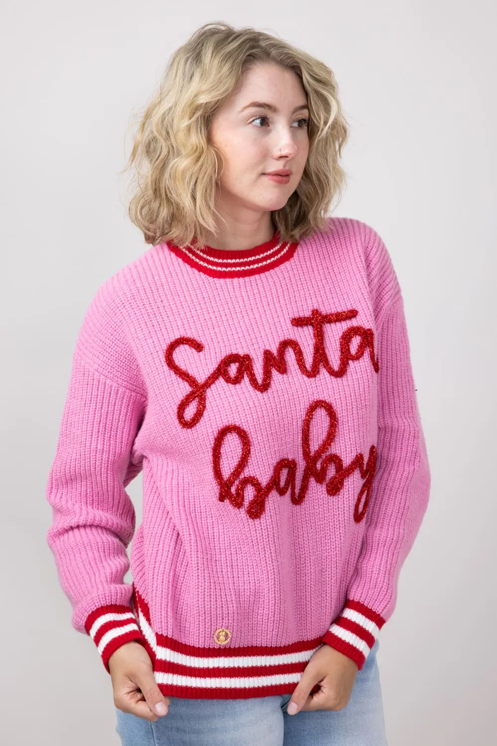 Simply Southern Santa Baby Sweater for Women in Pink | PP-0224-SWTR-STRP-SANTABABY