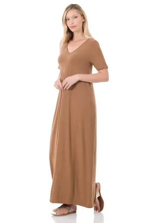 Sleeved Vacation Mode V-Neck Maxi Dress in COCOA