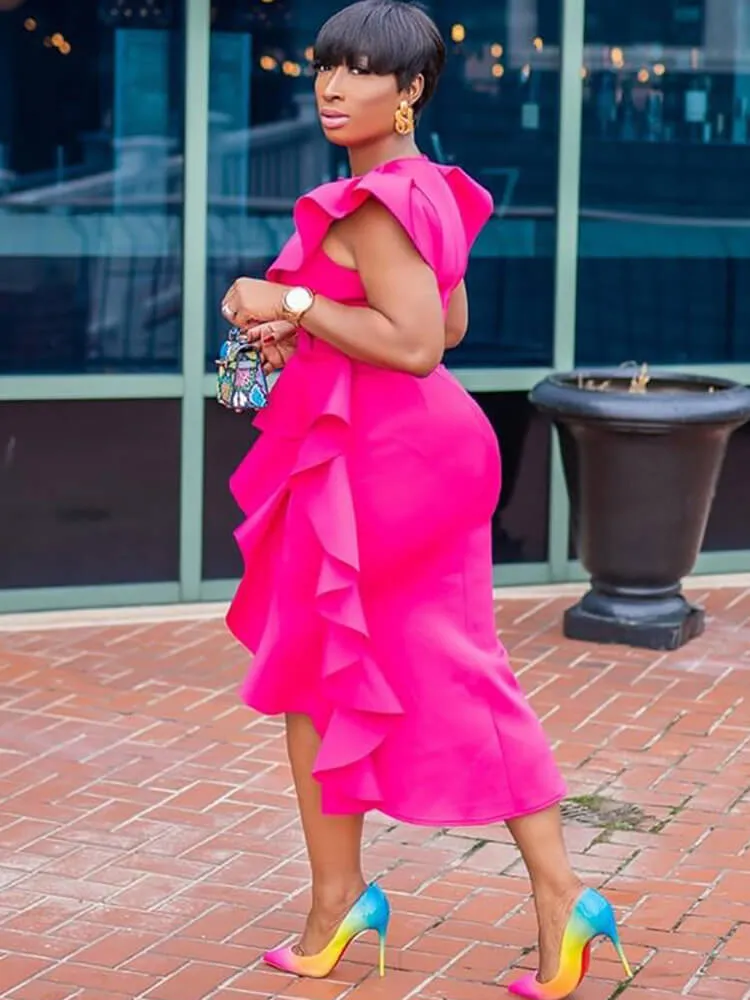 Sleevelesss Ruffle Patchwork Bodycon Midi Dress