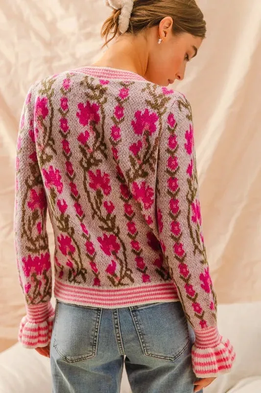 SO ME Floral Intarsia Button Up Sweater Cardigan