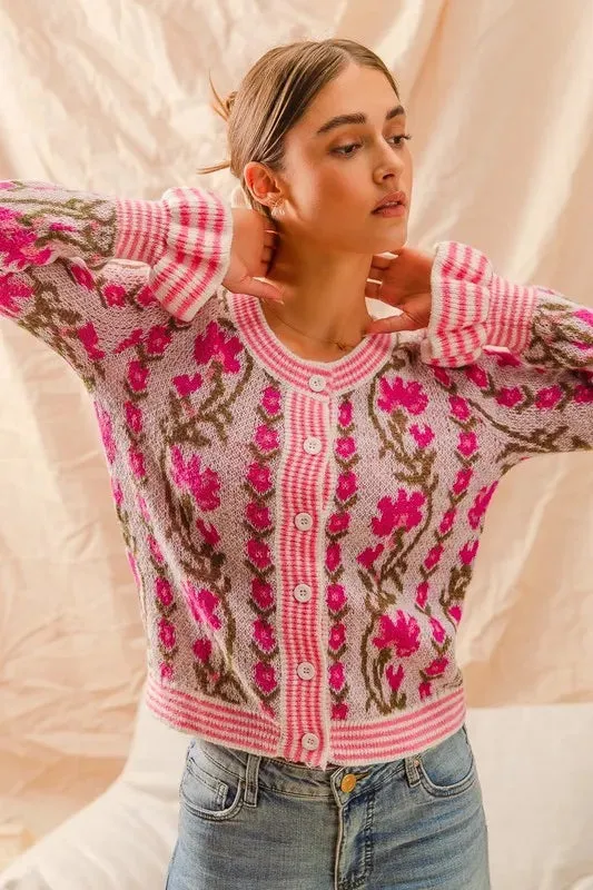 SO ME Floral Intarsia Button Up Sweater Cardigan
