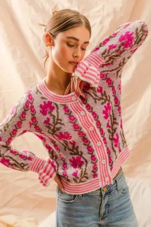 SO ME Floral Intarsia Button Up Sweater Cardigan