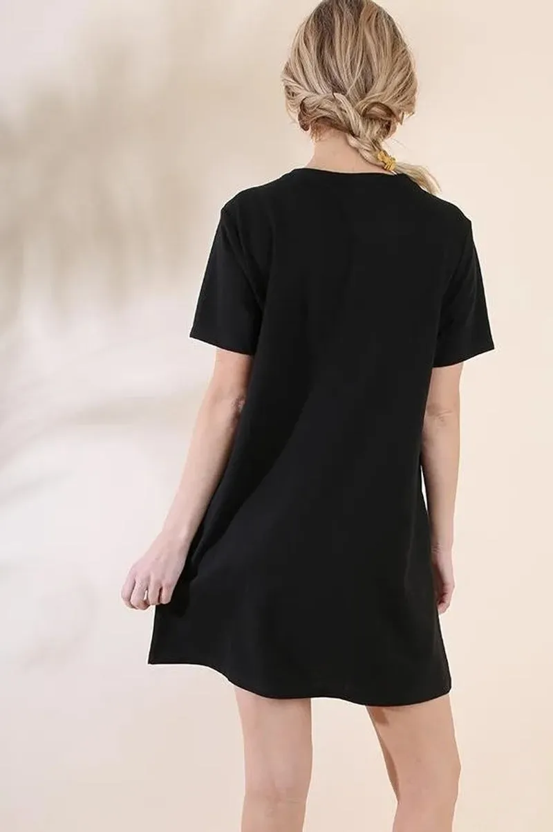 Solid Color Round Neck Short Sleeve Print Dress