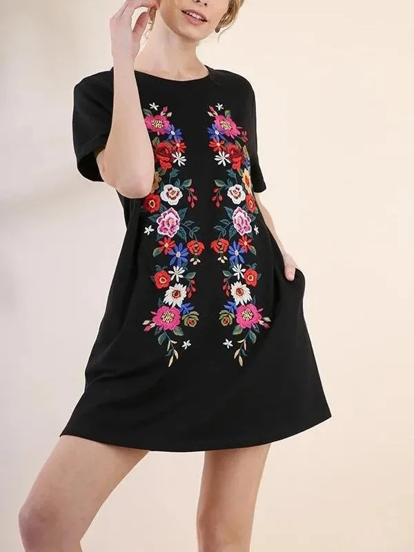 Solid Color Round Neck Short Sleeve Print Dress