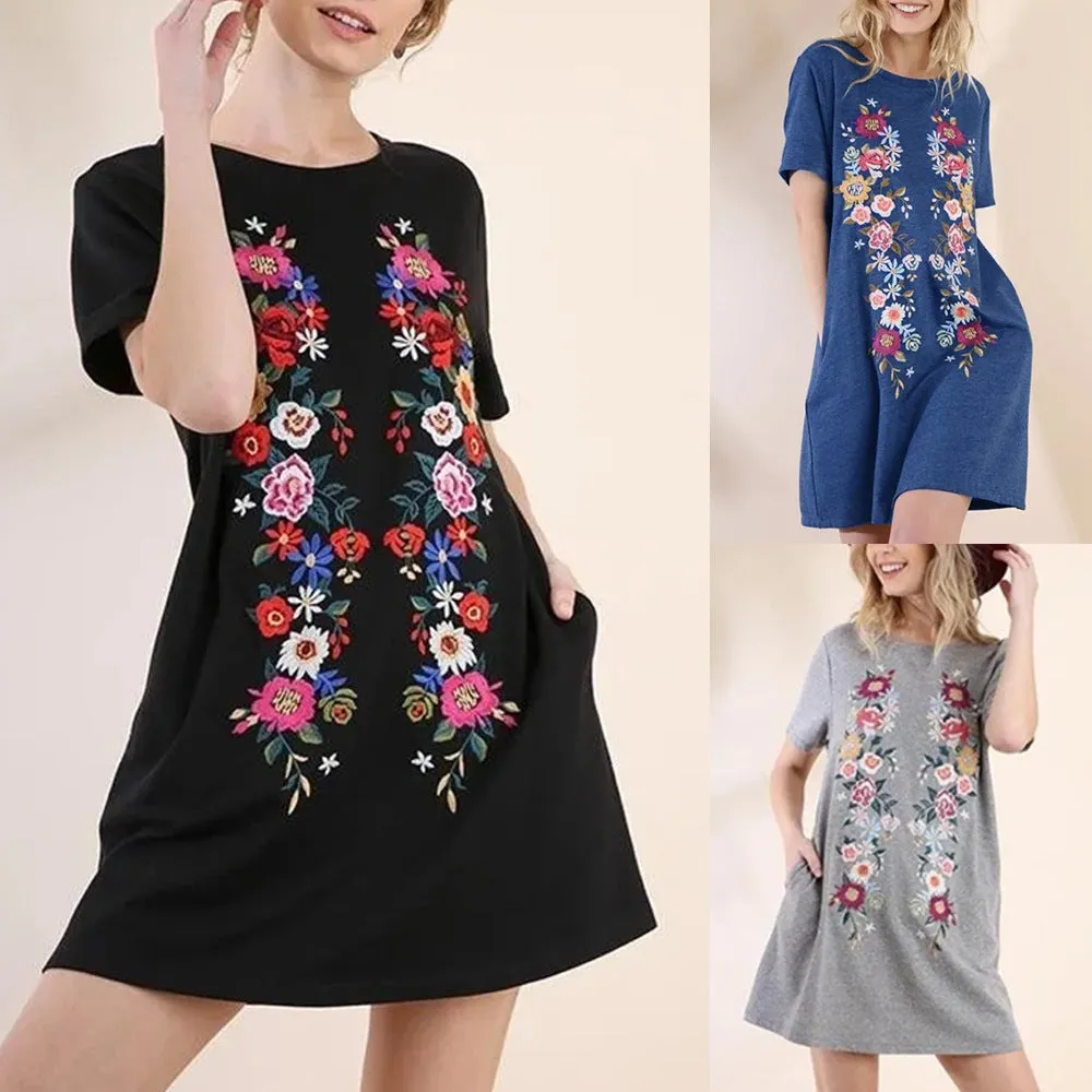 Solid Color Round Neck Short Sleeve Print Dress