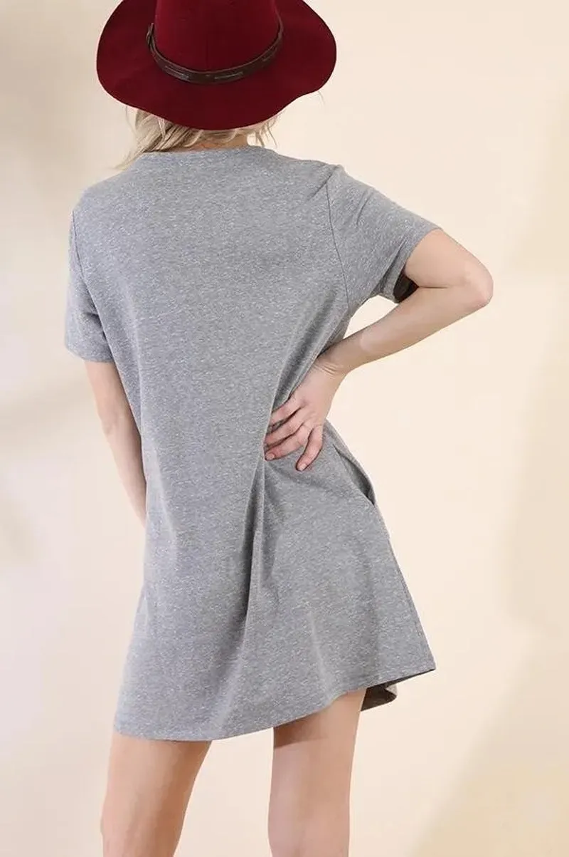 Solid Color Round Neck Short Sleeve Print Dress
