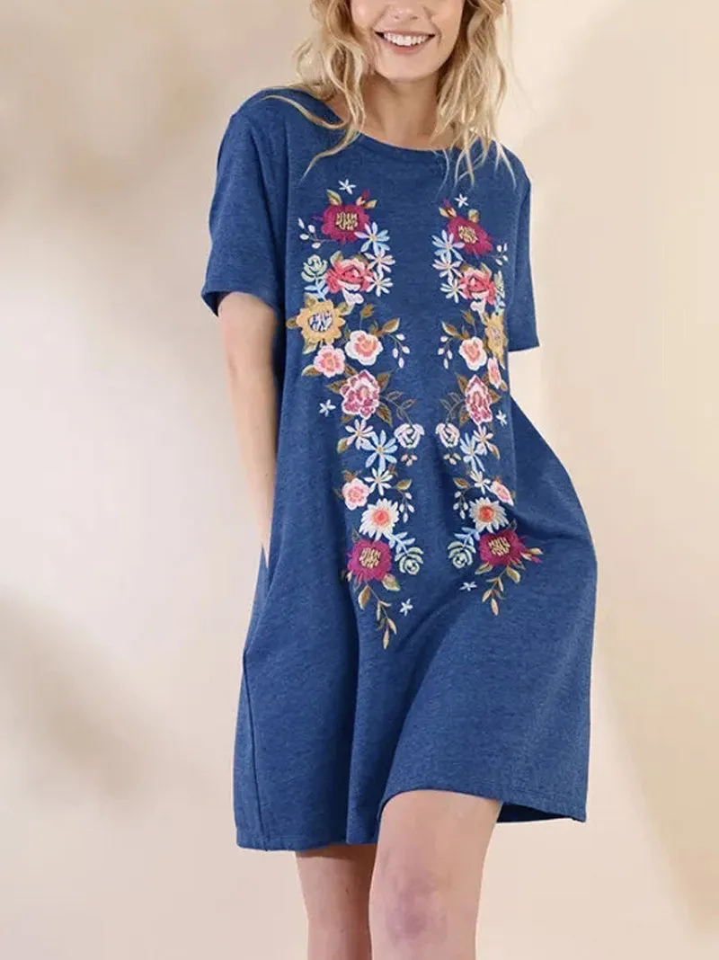 Solid Color Round Neck Short Sleeve Print Dress