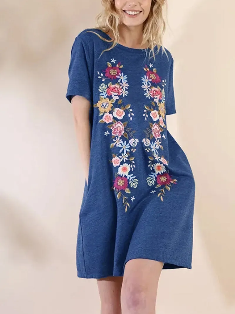 Solid Color Round Neck Short Sleeve Print Dress