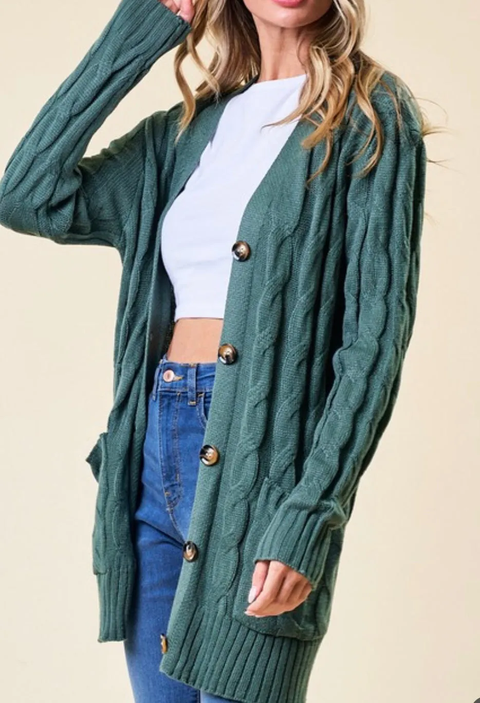 Spice It Up Cable Knit Button Down Sweater Cardigan in Olive
