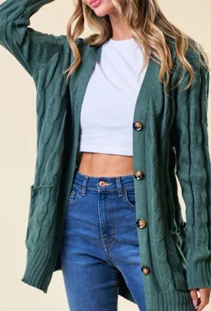 Spice It Up Cable Knit Button Down Sweater Cardigan in Olive