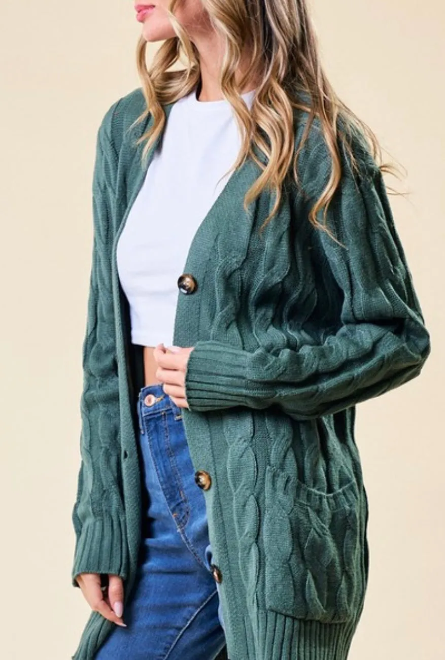 Spice It Up Cable Knit Button Down Sweater Cardigan in Olive