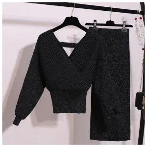 spring bling knitted 2 piece set women lantern sleeve v neck sweater elastic waist knitted skirt female sweater suit N945