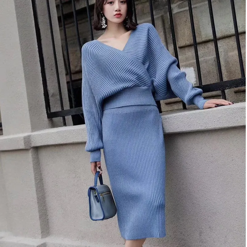 spring bling knitted 2 piece set women lantern sleeve v neck sweater elastic waist knitted skirt female sweater suit N945