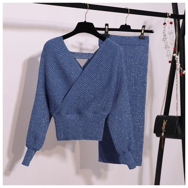spring bling knitted 2 piece set women lantern sleeve v neck sweater elastic waist knitted skirt female sweater suit N945