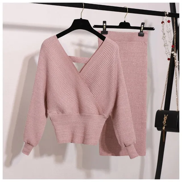 spring bling knitted 2 piece set women lantern sleeve v neck sweater elastic waist knitted skirt female sweater suit N945