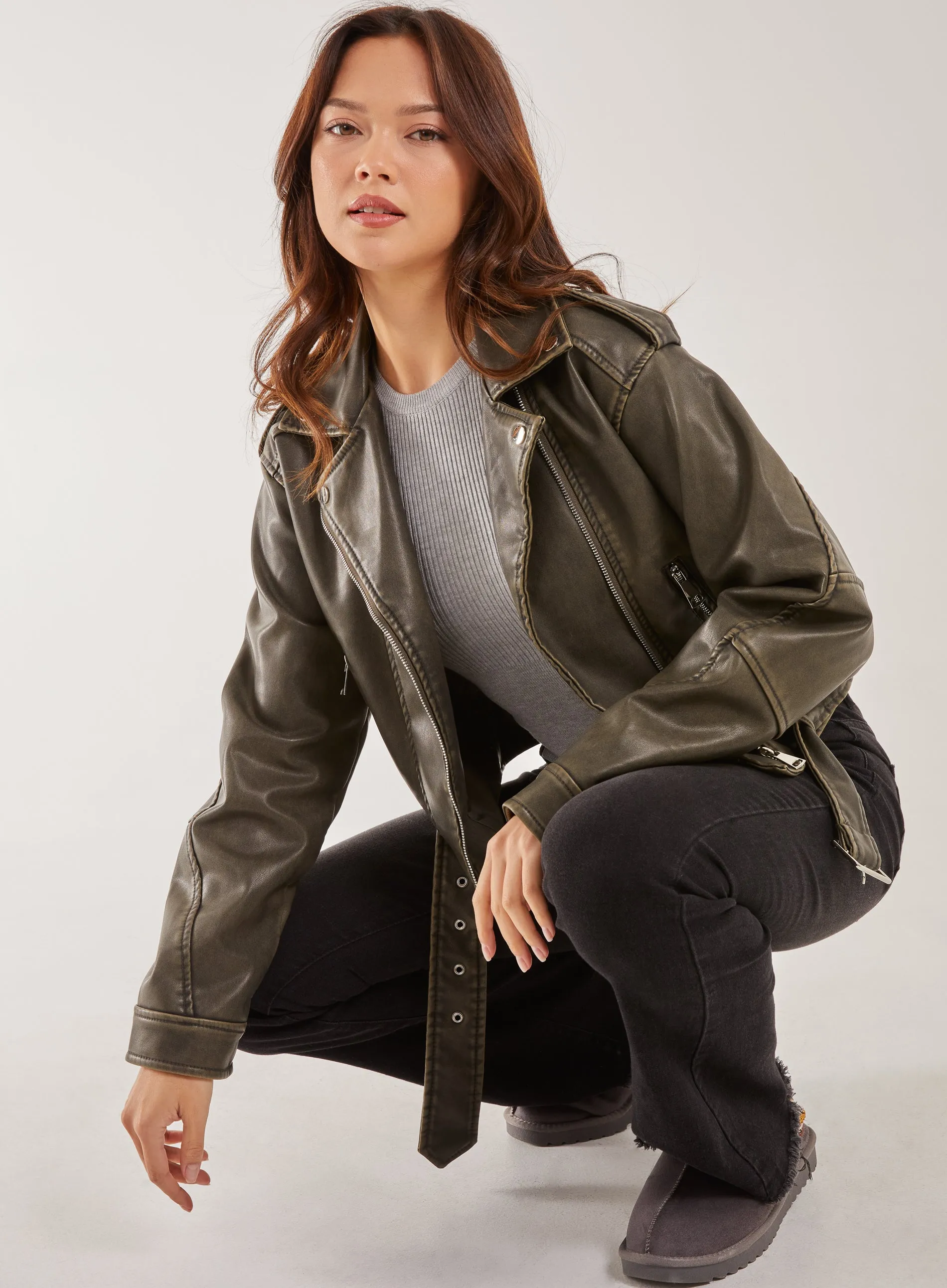 Stone Wash PU Biker Jacket