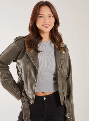 Stone Wash PU Biker Jacket