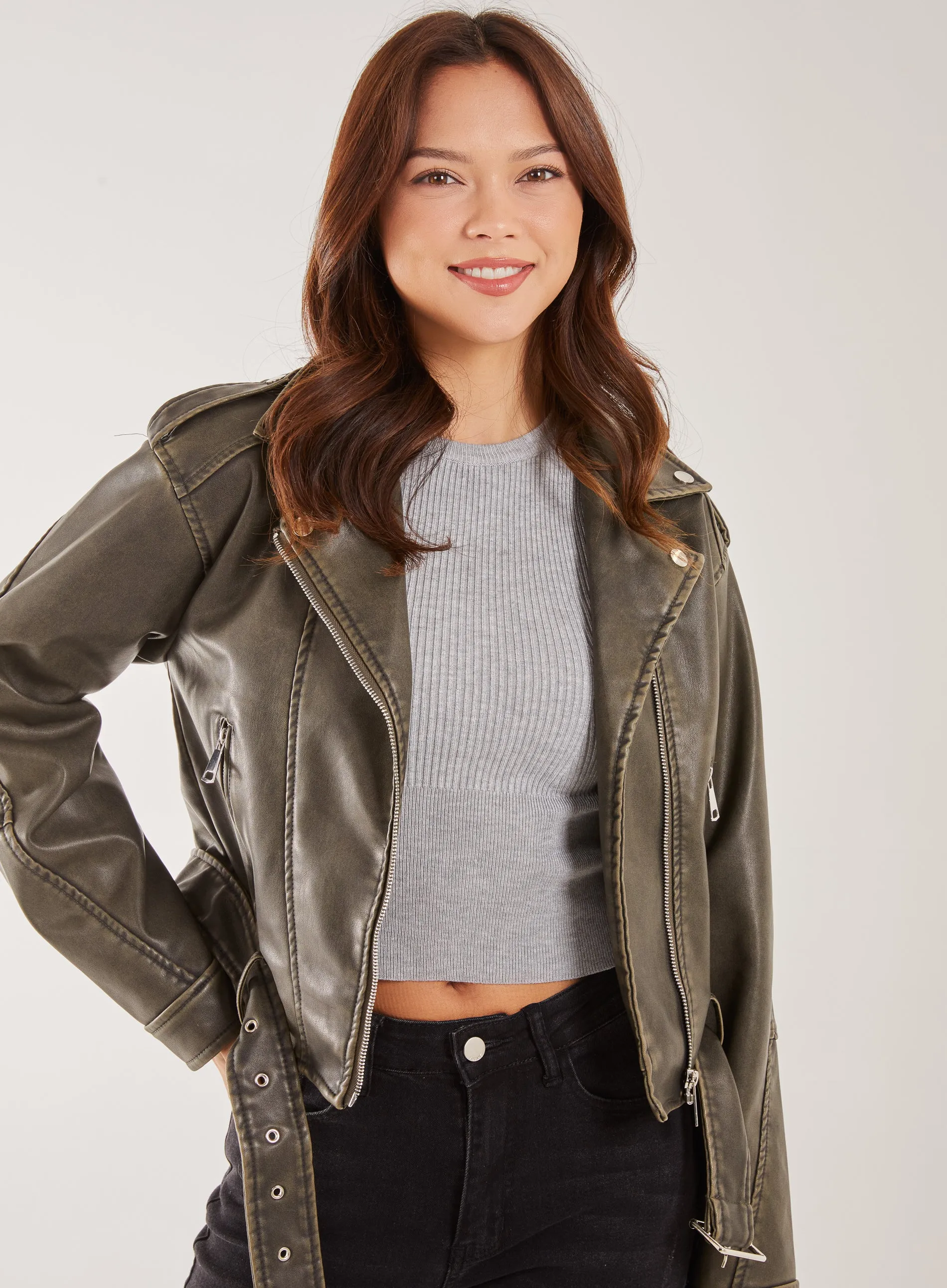 Stone Wash PU Biker Jacket