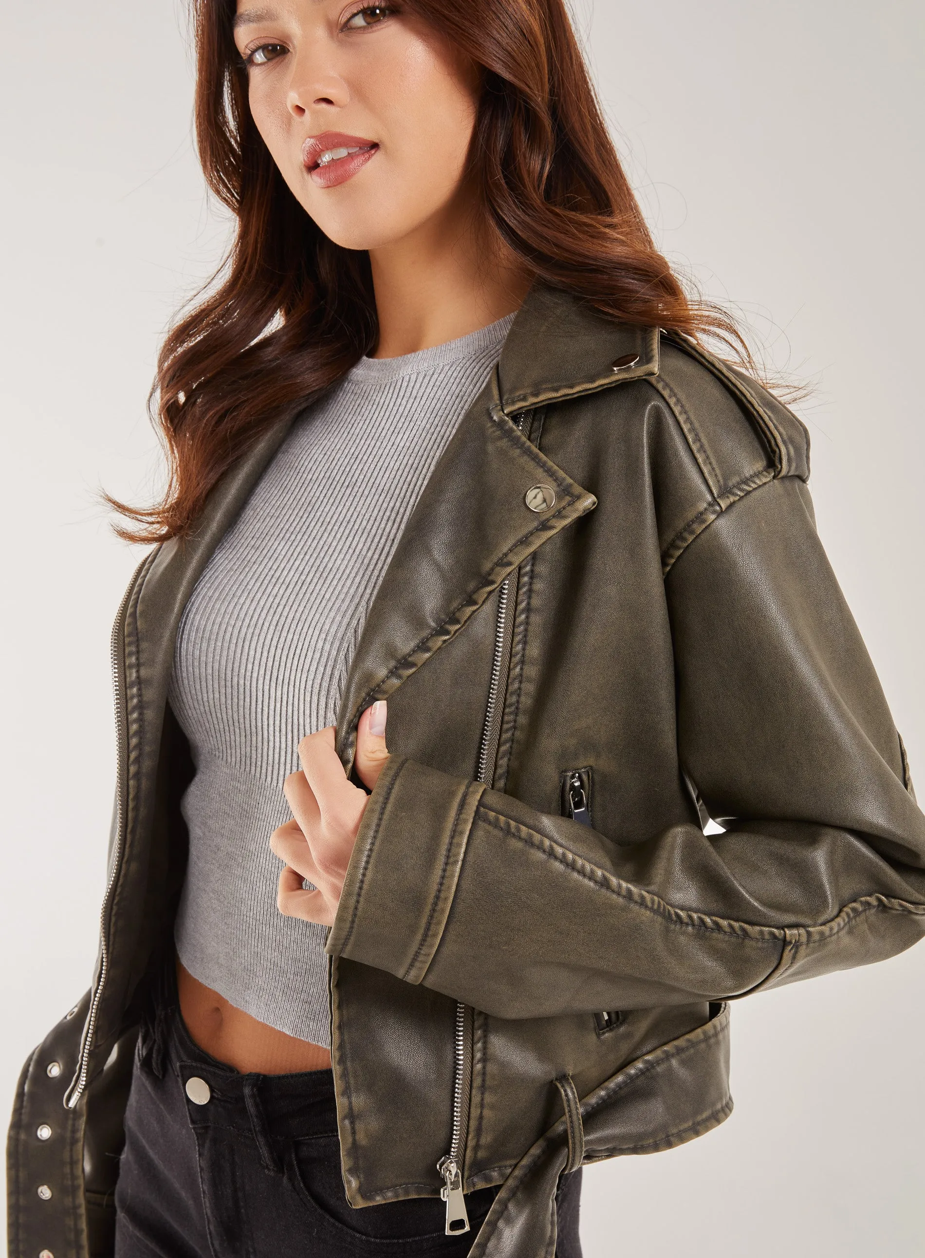 Stone Wash PU Biker Jacket