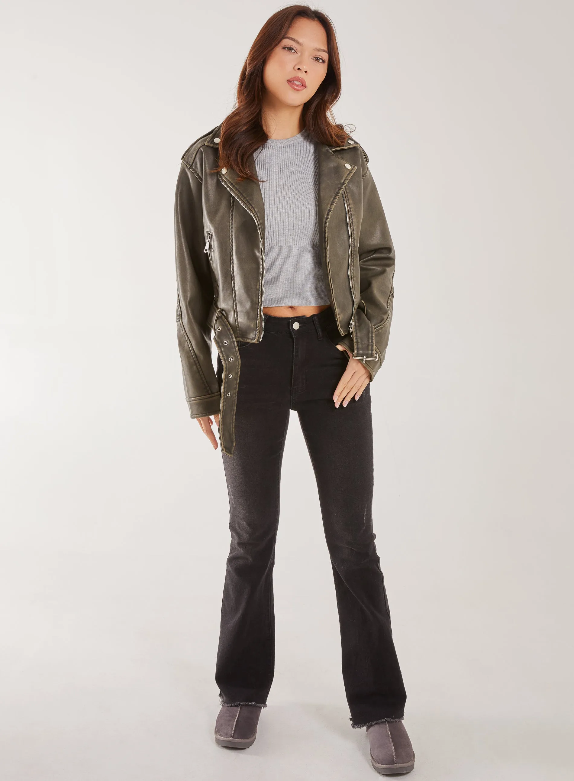 Stone Wash PU Biker Jacket