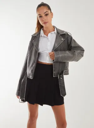 Stone Wash PU Biker Jacket
