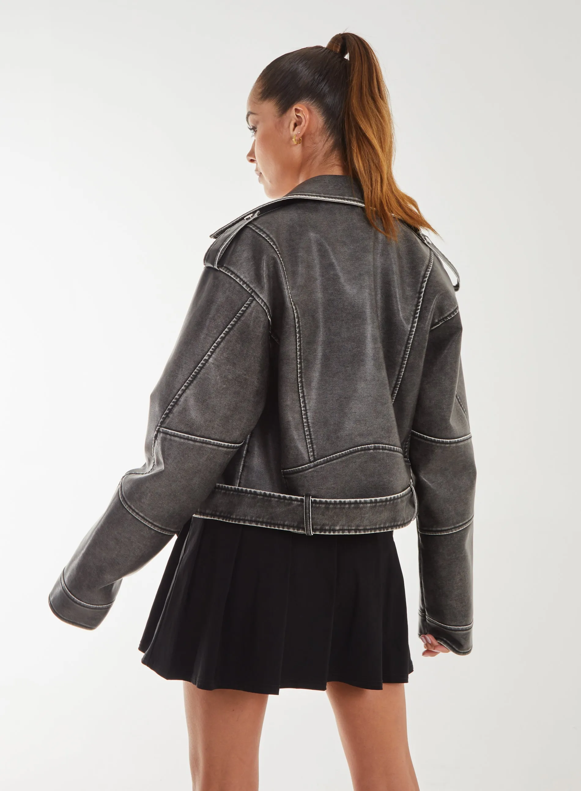 Stone Wash PU Biker Jacket