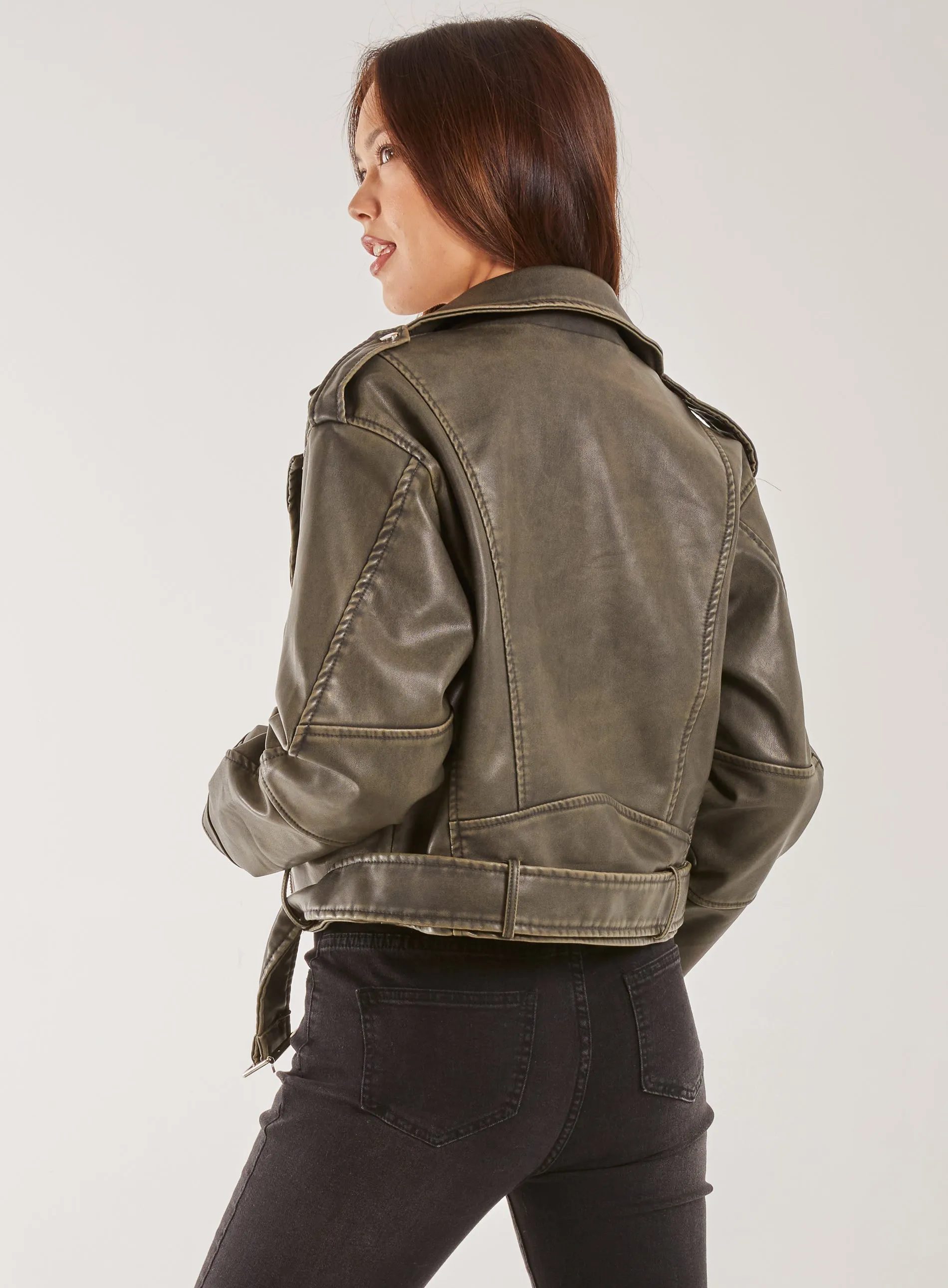 Stone Wash PU Biker Jacket