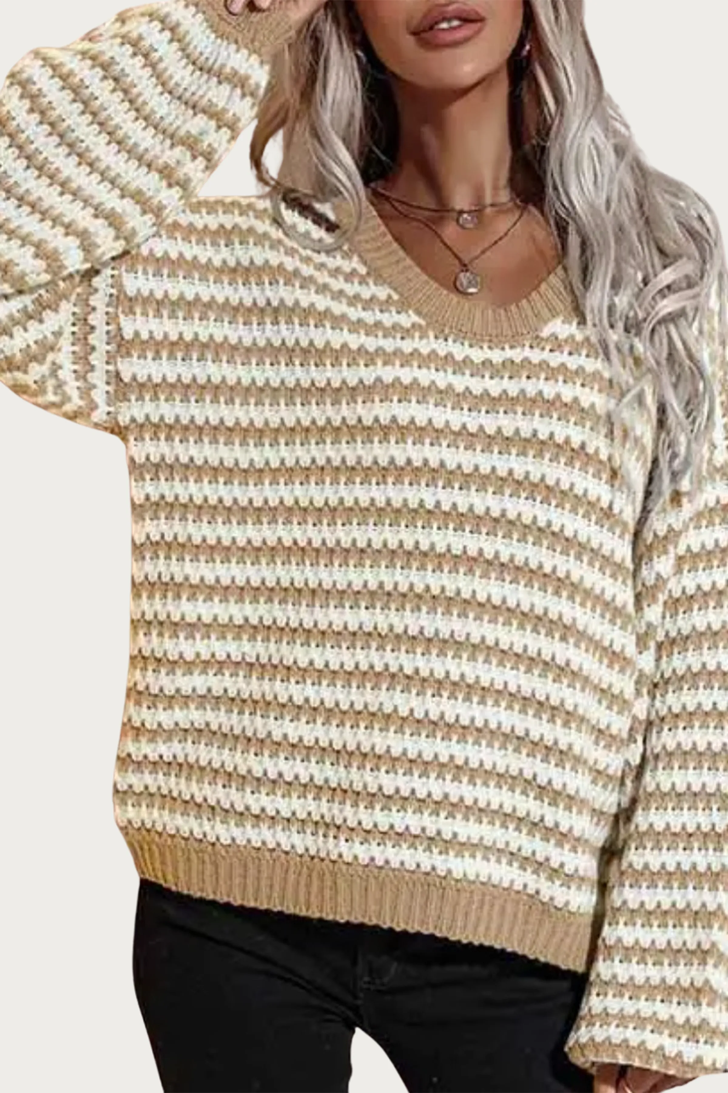 STRIPED V-NECK KNIT SWEATER