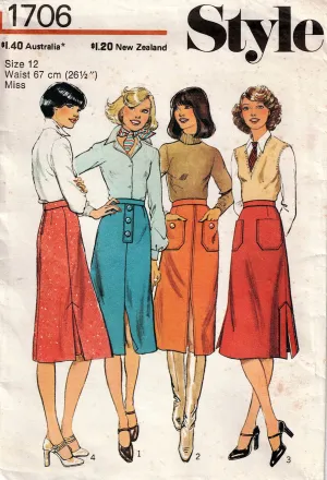 Style 1706 Womens Slim Skirts with Pockets 1970s Vintage Sewing Pattern Size 12 UNCUT Factory Folded