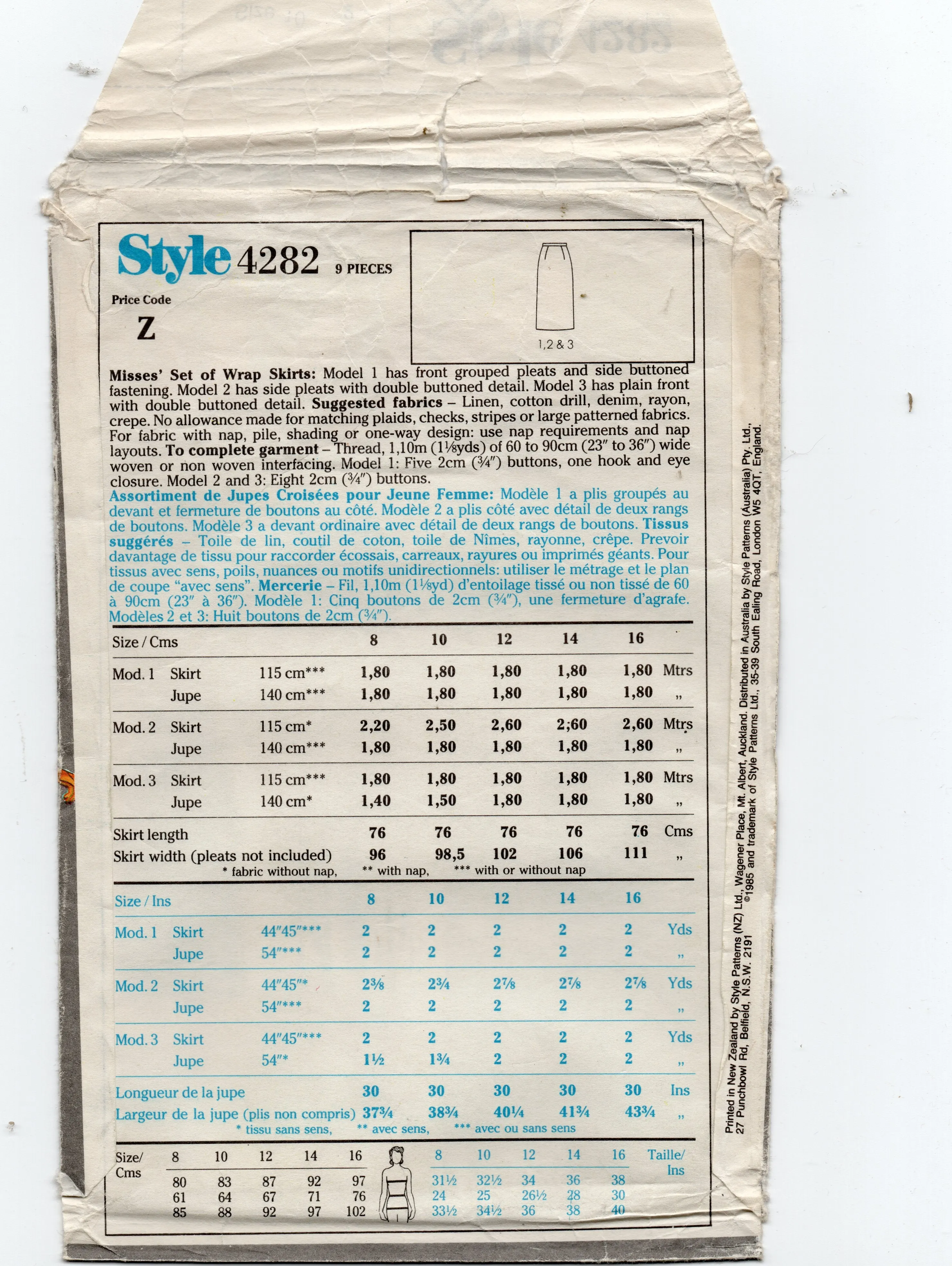 Style 4282 Womens Straight Wrap Skirts 1980s Vintage Sewing Pattern Size 10 UNCUT Factory Folded