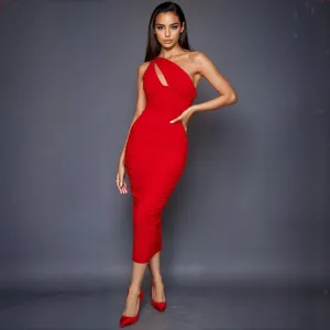 Stylish Asymmetric One Shoulder Cutout Ruched Corset Mesh Midi Dress in Vibrant Red