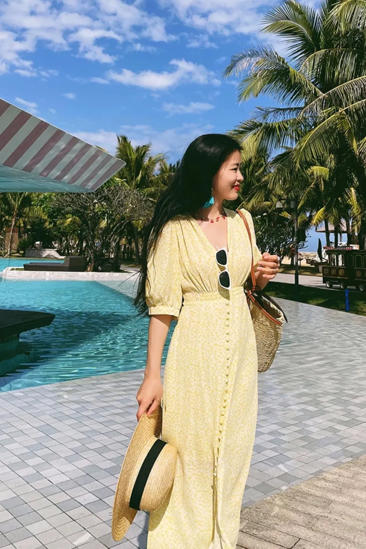 SUMMER Floral Puff-Sleeve Midi Dress (Yellow)