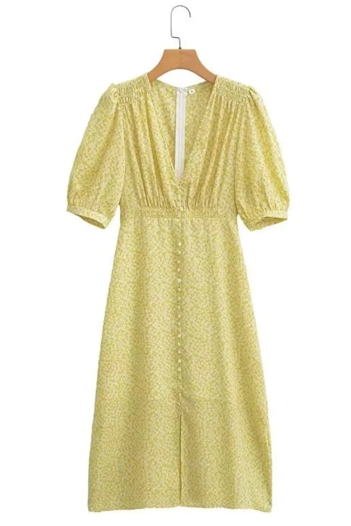 SUMMER Floral Puff-Sleeve Midi Dress (Yellow)