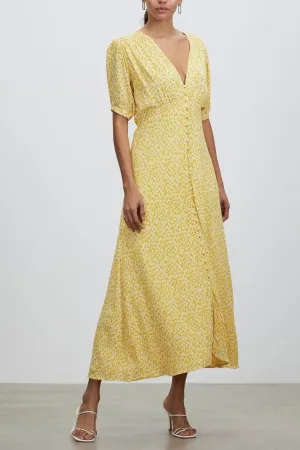 SUMMER Floral Puff-Sleeve Midi Dress (Yellow)