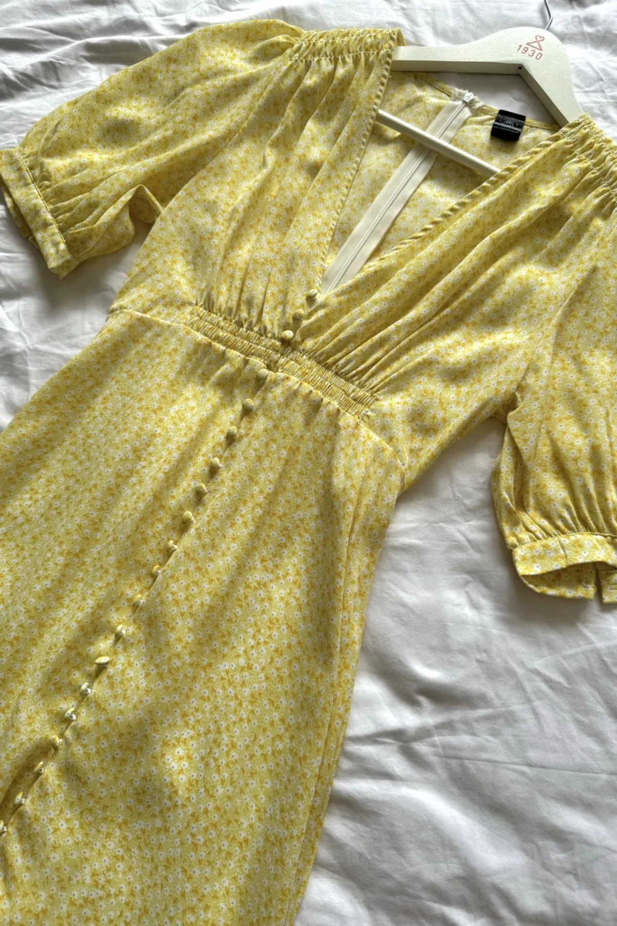 SUMMER Floral Puff-Sleeve Midi Dress (Yellow)