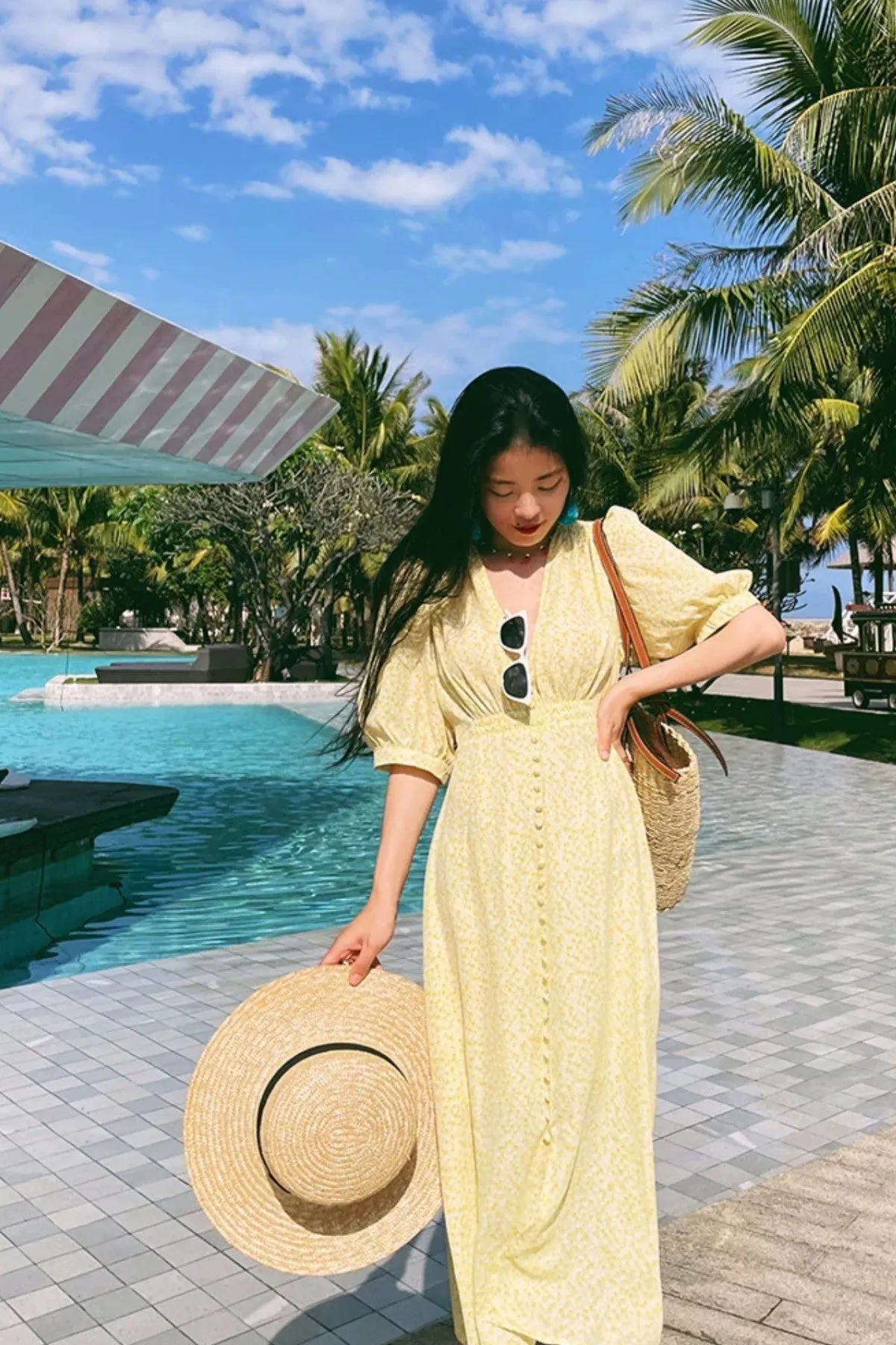 SUMMER Floral Puff-Sleeve Midi Dress (Yellow)