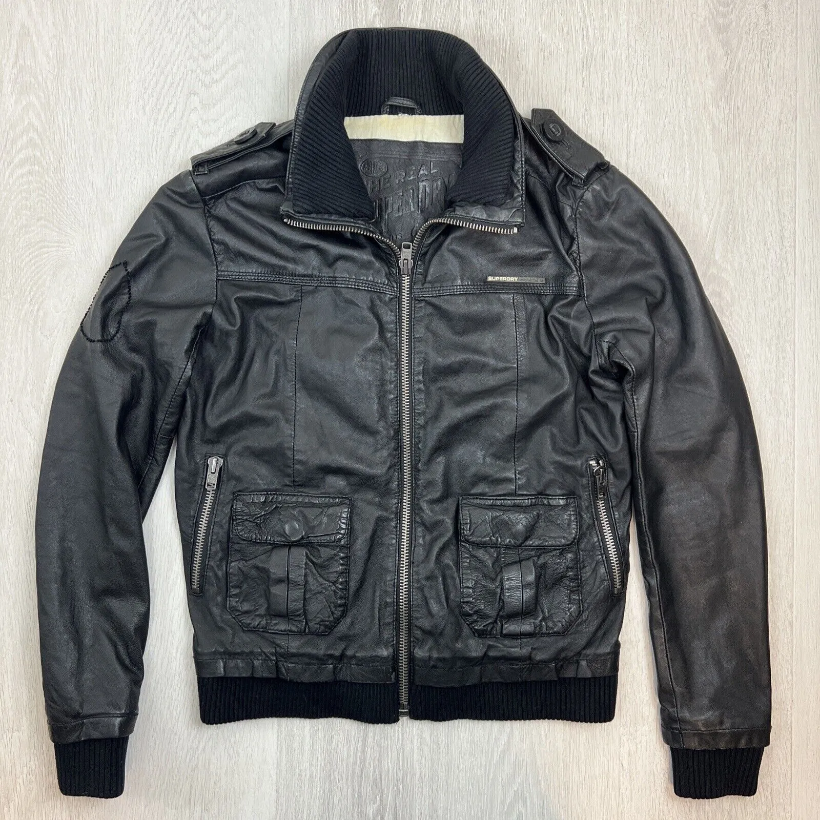 Superdry Mens Black Leather Biker Jacket Size Large
