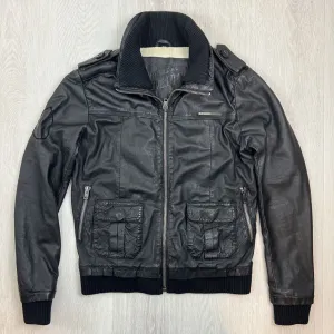 Superdry Mens Black Leather Biker Jacket Size Large