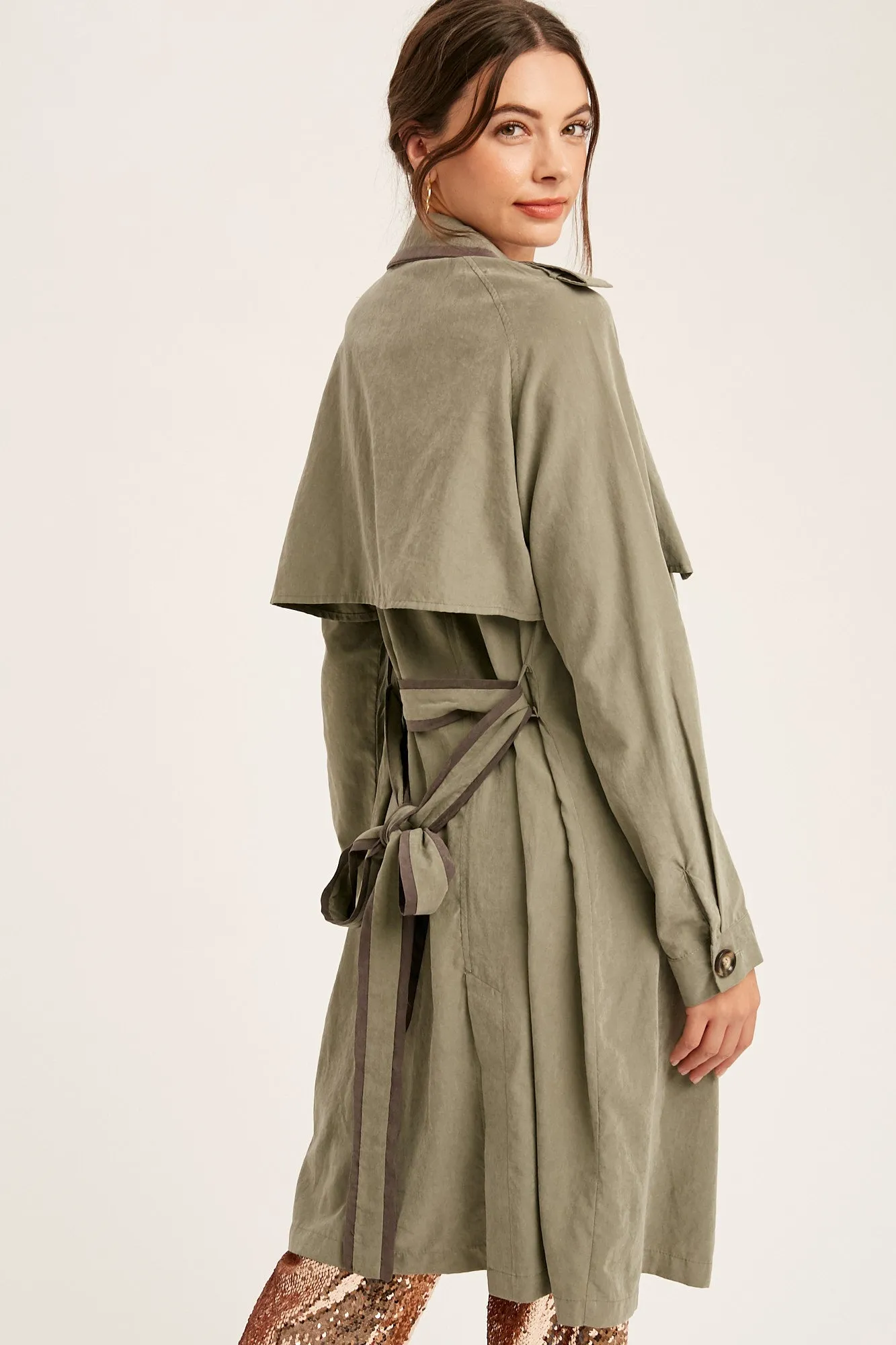 Textured Tie Waist Long Layered Trench Coat