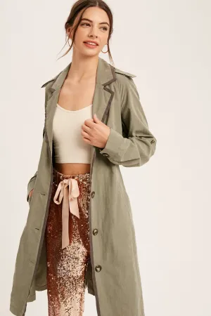 Textured Tie Waist Long Layered Trench Coat