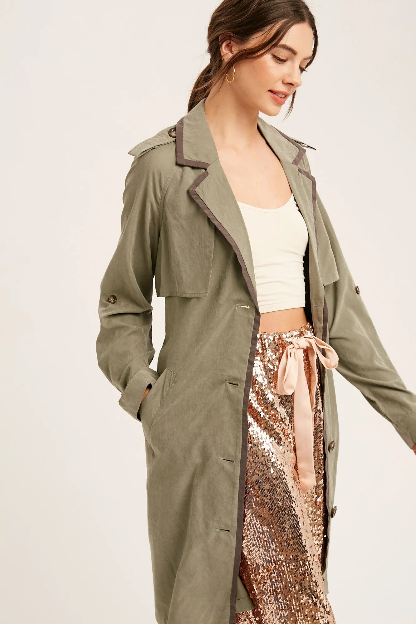 Textured Tie Waist Long Layered Trench Coat