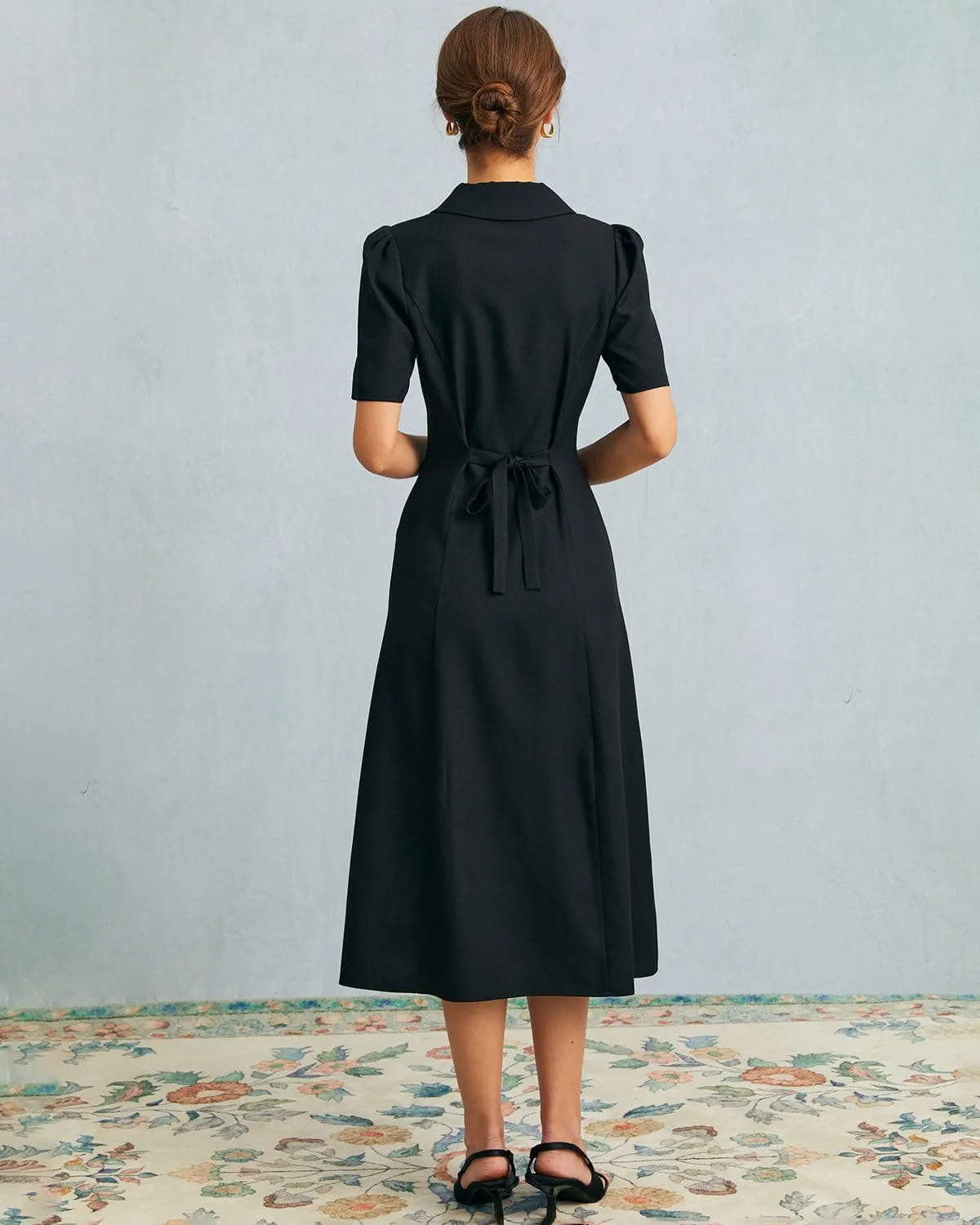 The Black V Neck Button Puff Sleeve Midi Dress