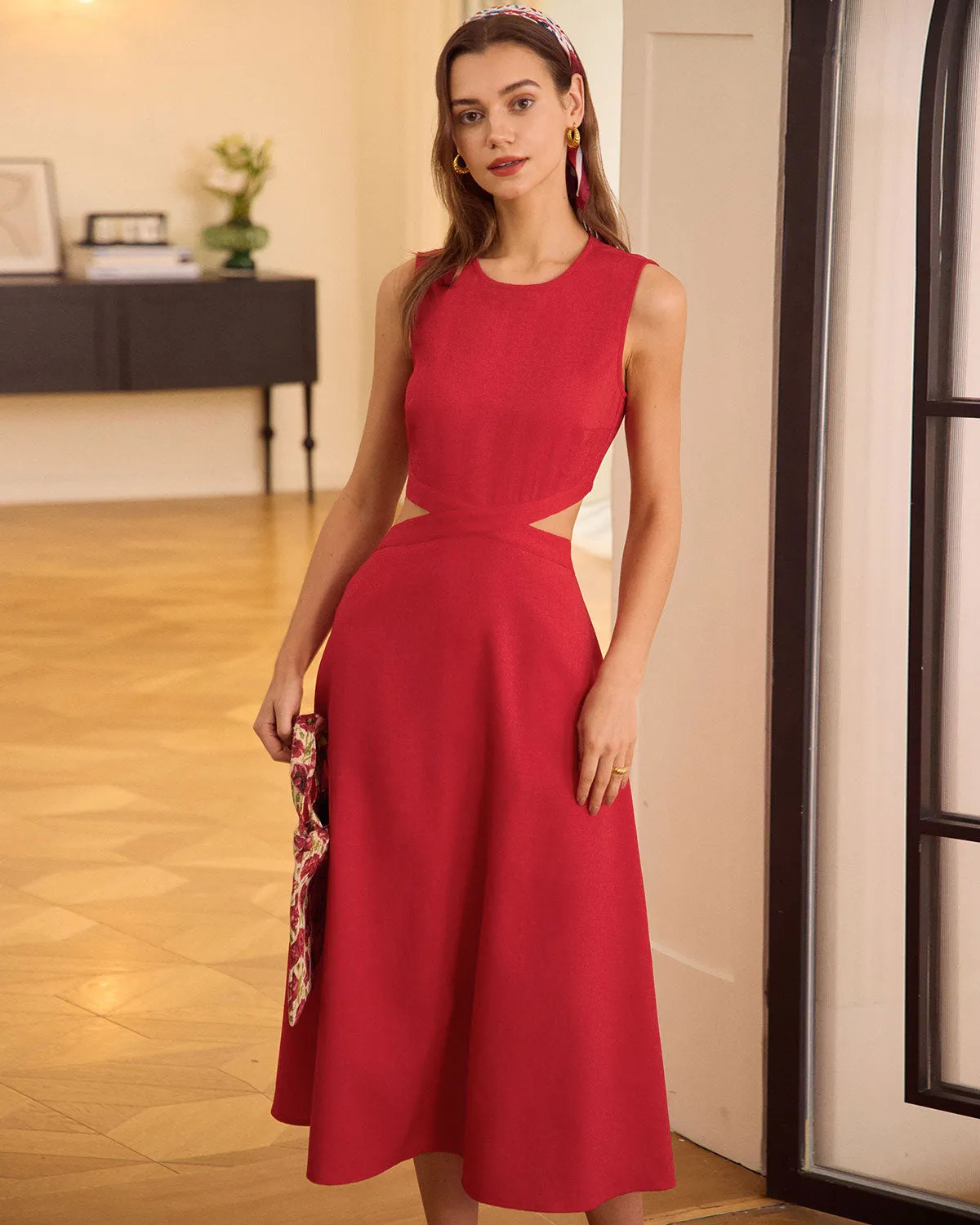 The Red Round Neck Cut-Out Midi Dress