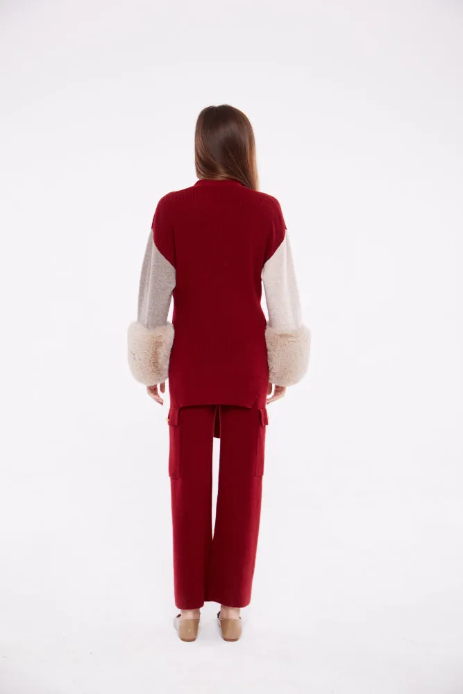 Tie Detail Faux Cuff Cardigan in Crimson, Rice Flower and Sand